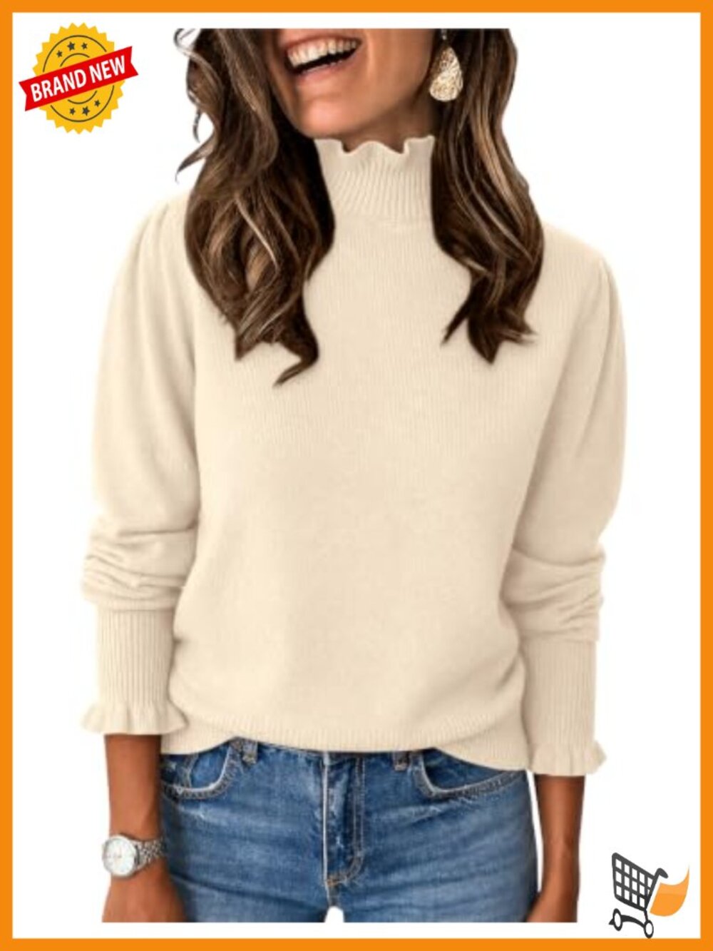 Ruffle Mock Neck Puff Sleeve Pullover Sweater for Women